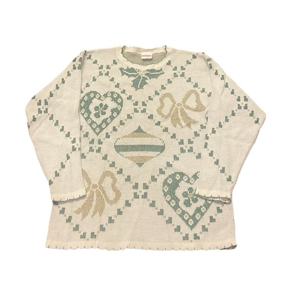 Holiday Time Sweaters - VTG Christmas Sweater S Mistletoe Glitter Ornaments Holiday Bow Gold‎ Green